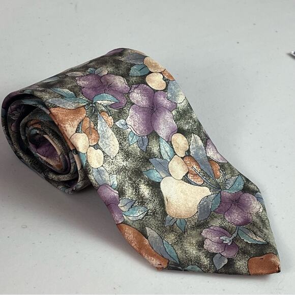 Christian Dior Monsieur 100% Silk Neck Tie Spring Flowers Fruit Green Purple - Picture 1 of 7